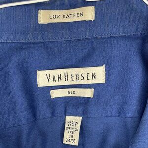 Van Heusen Lux Sateen Dress Shirt Sz 19 34/35 Big Long Sleeves Blue Pocket